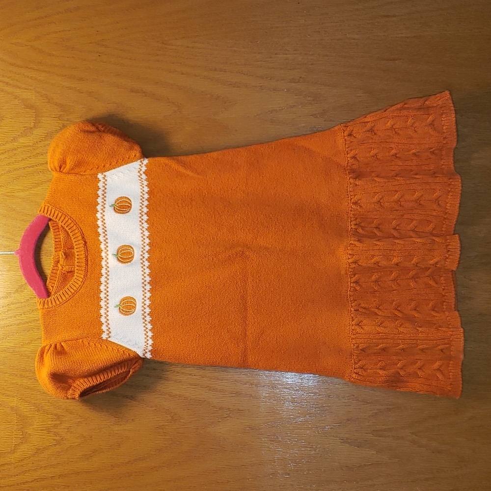 Gymboree Fall Holiday Thanksgiving Orange Sweater Dress w/ 3 Pumpkins Size 5T